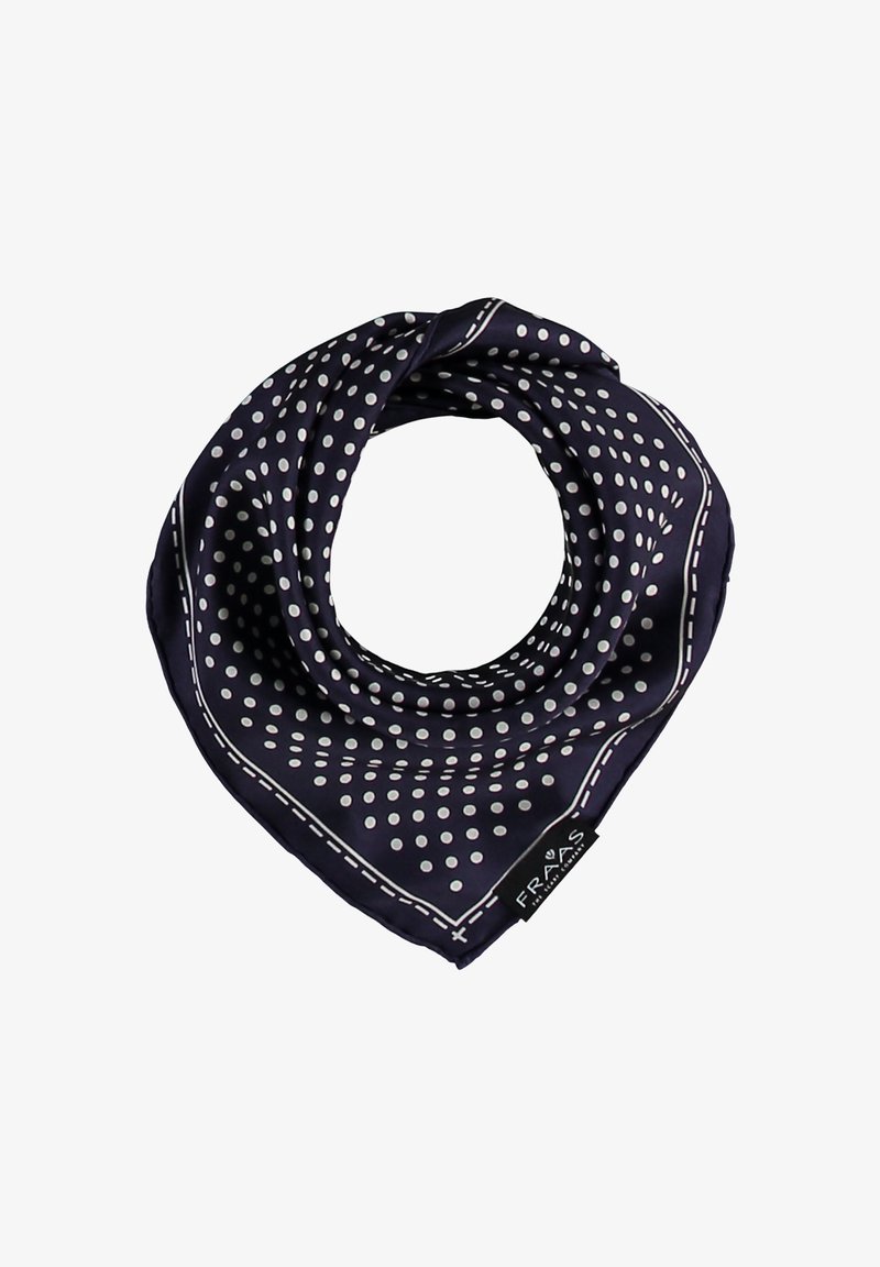 Navy zijden sjaal met witte stippen en contrasterende stiksels. Heeft een driehoekige vorm met een logotag in een van de hoeken.