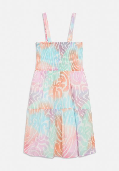 Αμάνικο, πολυεπίπεδο καλοκαιρινό φόρεμα με σφραγισμένο μπούστο και παστέλ ρευστό σχέδιο σε ροζ, μπλε, πορτοκαλί, πράσινες και μοβ αποχρώσεις.