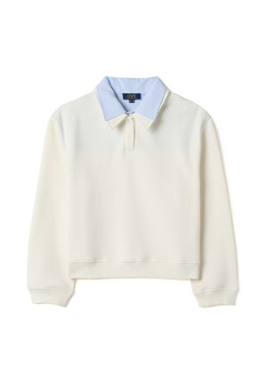 Cream long-sleeve sweatshirt with a blue and white striped collared shirt attached underneath, featuring a two-button placket.