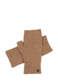 Gants sans doigts en tricot marron clair avec des poignets côtelés, présentant une texture subtile et un petit accent en métal au niveau du poignet.