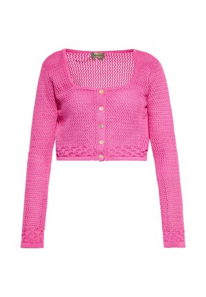 Cardigan corto rosa a maglia con maniche lunghe, scollo quadrato, chiusura a bottoni e motivi testurizzati lungo l'orlo e i polsini.