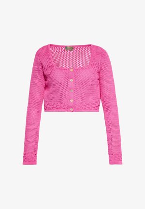 Vaalea vaaleanpunainen neulottu lyhyt villatakki pitkillä hihoilla, neliönmuotoisella kaula-aukolla, napituskiinnityksellä sekä tekstuurilla varustetut reunat ja hihansuut.