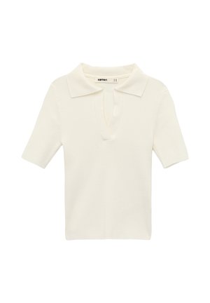Short-sleeve cream knit top with a wide collar and V-shaped neckline, designed for casual wear.