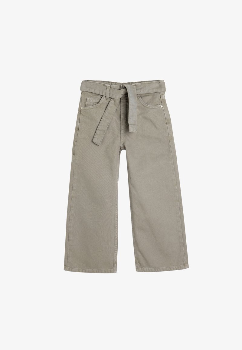 Harmaat puuvillaiset leveät housut, joissa on vyöllinen vyötärö, etutaskut ja minimalistiset tikkausdetaljit. Pehmeä rakenne ja rento istuvuus.