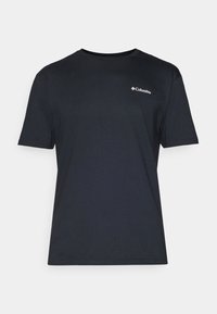 Tricou negru cu mânecă scurtă, confecționat din bumbac moale, având un guler rotund și un mic logo alb pe partea superioară stângă.