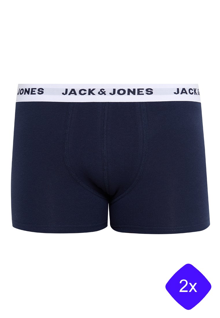 Marineblaue Boxer-Shorts aus weichem Baumwollmaterial, mit einem weißen elastischen Bund, auf dem "JACK & JONES" in Schwarz gedruckt ist. Enthält zwei Paar.