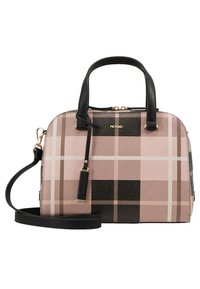 Różowa torba w kratę z czarnymi akcentami, złotymi detalami i odpinanym paskiem na ramię. Strukturalny design z podwójnymi uchwytami i zapięciem na zamek.