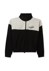 Pullover in crema e nero con colletto zip, polsini elasticizzati e orlo con cordino, con logo stampato sul petto.