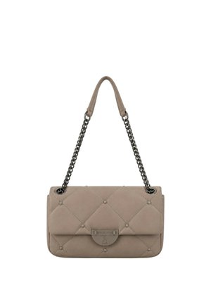 Borsa a tracolla in pelle trapuntata color taupe con tracolla a catena e chiusura metallica con piccole borchie a forma di stella sulla patta frontale.