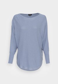 Light blue knit sweater with dropped shoulders, long tapered sleeves, round neckline, and curved hem against a white background.