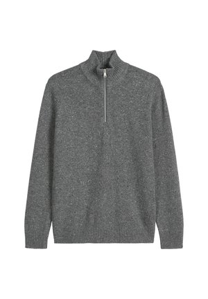 Grijze pullover trui van textuurgebreide stof, met een hoge kraag en een halve rits, ribgebreide manchetten en zoom.