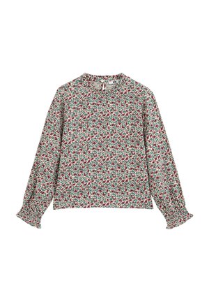 Langarmbluse mit rotem und grünem Blumenmuster, rundem Ausschnitt, Knopfverschluss hinten und elastischen Raffmanschetten.