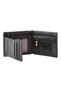 Portefeuille en cuir noir avec plusieurs emplacements pour cartes, une fenêtre ID transparente et un compartiment à pièces zippé. Texture lisse et design simple.