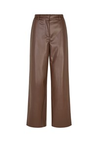 Braune faux Leder Weitbein-Hose mit glatter Textur, Gürtelschlaufen und einem Falten-Detail an der Taille.