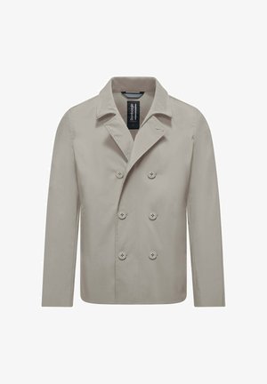 Hellbeige, doppelreihiges Herrenjackett mit sechs Knöpfen, breiten Revers und langen Ärmeln, vor einem schlichten weißen Hintergrund dargestellt.