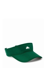 Visera de poliéster verde con visera curvada, que presenta un logo blanco en la parte frontal y una correa ajustable en la parte posterior para un ajuste seguro.