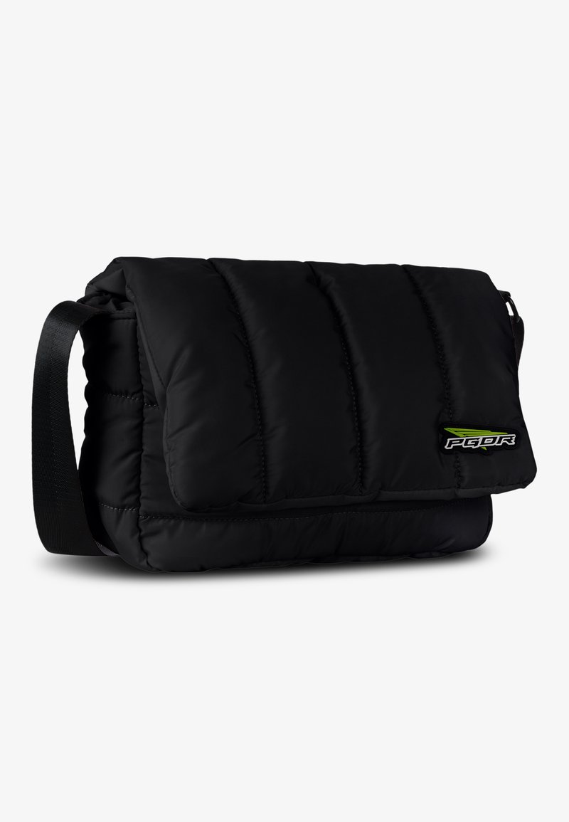 Black messenger bag with quilted texture, padded exterior, adjustable strap, and a logo accent. Rectangular shape, secure flap closure.
