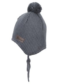 Gray knitted hat with a rounded top, featuring a pom-pom, ear flaps, and a leather label. Ties at chin for secure fit.