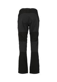 Svarta utomhusbyxor med tvåfärgad design, tillverkade av hållbart tyg, med elastisk midja och förstärkta knän för ökad rörlighet.