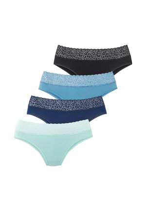 Four women's hipster underwear in black, light blue, navy, and mint with wide leopard print lace waistbands, arranged in a diagonal stack.