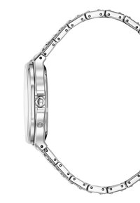 Orologio in acciaio inossidabile argentato con cassa rotonda liscia, bracciale a maglie e chiusura visibile, caratterizzato da una finitura lucida e accenti sottili.