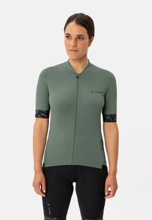 Green short-sleeve cycling jersey with a front zipper, black patterned accents on sleeves, smooth fabric, and slim fit design.