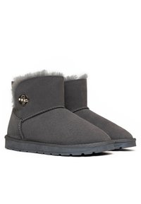 Botines de ante gris con un forro de pelaje suave, que presentan un botón metálico decorativo y una suela de goma plana, diseñados para la comodidad y el calor.