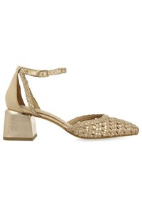 Sandales à talons tressées beiges avec une bride de cheville. Présentent un talon carré en métal et un design à bout pointu avec une finition texturée.