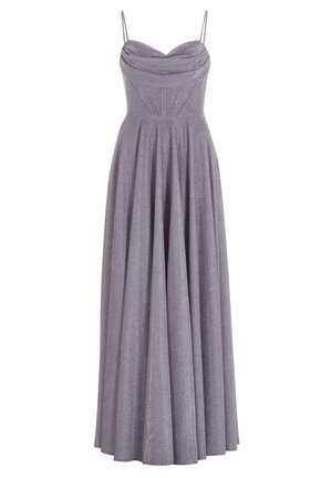 Vestido largo en forma de A, confeccionado en un suave tejido lavanda con una textura brillante. Cuenta con tirantes finos y un escote drapeado con plisados.