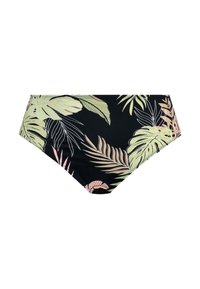 Schwarzer Bikiniunterteil mit einem tropischen Blattmuster in Hellgrün und Pink. Hergestellt aus glattem, dehnbarem Material mit einem hochgeschnittenen Design.