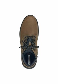 Brown leather shoe with black laces, round toe, stitched accents, and a soft interior lining. Features branding and size tag visible inside.