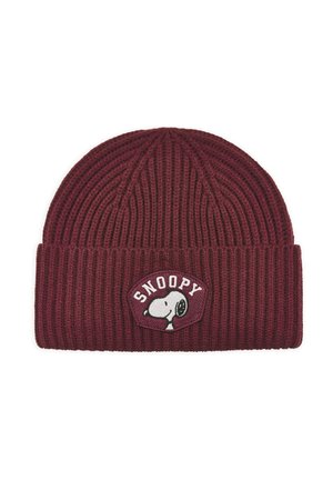 Burgundy ribbed knit beanie with folded cuff featuring a Snoopy face patch and white "SNOOPY" text above it.