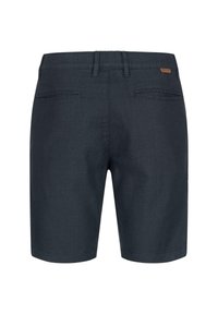 Dark blue shorts made of a textured fabric. Features a flat waistband, two back pockets, and a small brand label on the rear.