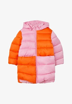 Veste matelassée en nylon avec une fermeture éclair, présentant un design bicolore en rose et orange, une capuche et des manches courtes.