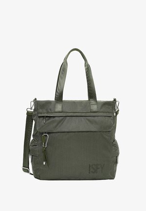 Groene, gestructureerde totebag met dubbele handgrepen, verstelbare schouderriem, voorvak met rits en een klein metalen clipje aan de voorkant.