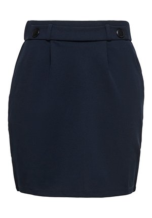 Marineblauwe, hooggetailleerde minirok met twee zwarte knopen op de tailleband en subtiele plooien aan de voorkant.