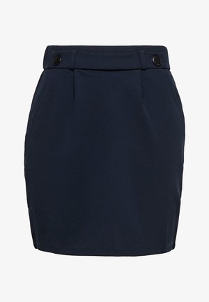 Jupe mini bleu marine taille haute avec deux boutons noirs sur la ceinture et des plis subtils à l'avant.