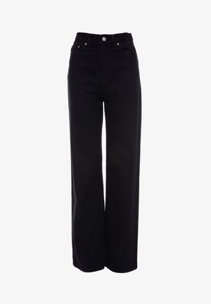 Czarne dżinsy o wysokim stanie i szerokich nogawkach, wykonane z mocnej bawełny, z mosiężnymi detalami i dwoma przednimi kieszeniami dla funkcjonalności.