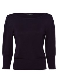 Marineblauwe gebreide trui met een brede halslijn, driekwart pofmouwen en een aansluitende zoom. Zachte textuur, lichtgewicht materiaal.