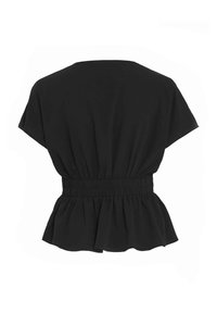 Blouse noire à manches courtes avec taille élastiquée et basque, vue de dos.