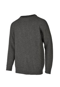 Dunkelgrauer Strickpullover mit einem strukturierten Rippenmuster, rundem Ausschnitt und langen Ärmeln. Verfügt über eine lockere Passform und bündchenabschlüsse.