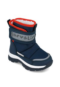 Botas de invierno marinas con acentos rojos, interior acolchado, banda de gancho y bucle, suela de goma y detalles reflectantes en el lado.