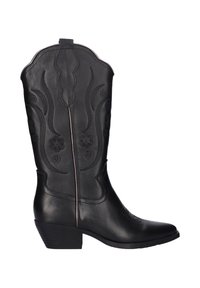 Botas de vaquero de cuero negro con puntera afilada, costuras florales decorativas y un tacón ligeramente elevado. El caña tiene la parte superior con forma acanalada.