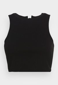 Black ribbed crop top with a round neckline and keyhole back. Smooth texture, fitted design, and no visible patterns or hardware.