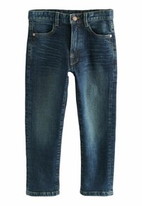 Jeans de mezclilla oscura con un ajuste slim, con un ligero desgaste, cinco bolsillos y costuras en dorado a lo largo de las costuras. Cierre con botón metálico y cremallera.