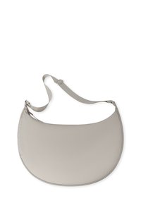 Borsa a spalla beige con design curvo, texture liscia, tracolla regolabile e chiusura con zip. Le dimensioni sono sufficienti per un uso quotidiano.