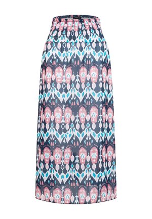Midi-Rock mit elastischem Bund und einem mehrfarbigen abstrakten Muster in Rosa-, Blau-, Weiß- und Marine-Tönen.