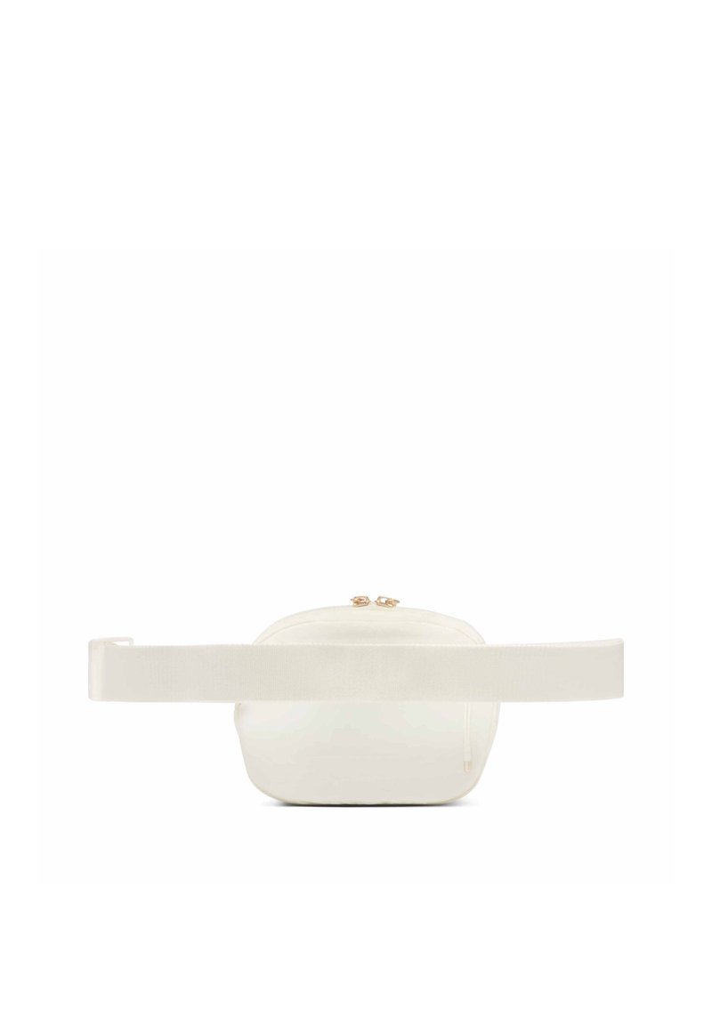 Marsupio in pelle color crema con cerniera dorata e tracolla larga regolabile, visto frontalmente su sfondo bianco.
