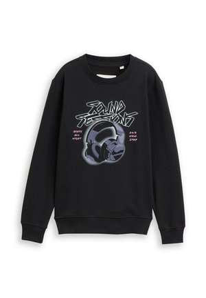 Zwarte sweatshirt met een grafische print van een koptelefoon en de tekst "SOUND SESSIONS" in wit en roze. Klassieke ronde halslijn, gestructureerde stof.