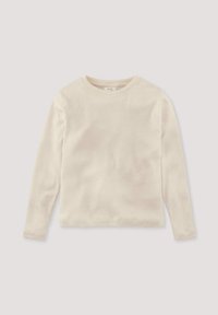 Hellbeiges Langarmhemd aus weichem Stoff, mit rundem Ausschnitt und figurbetontem Schnitt. Glatte Textur ohne sichtbare Muster.